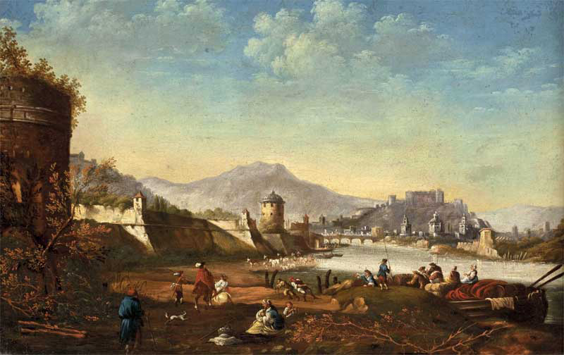 view of the city of salzburg with fortifications from mirabell palace and figural scenes on the right bank of the salzach